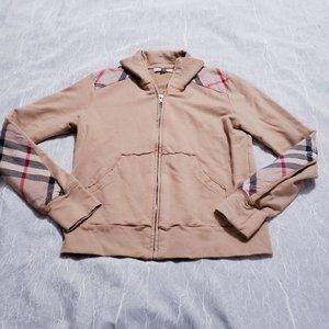 Burberry Full Zip Cardigan Jacket Sweater Tan Plaid